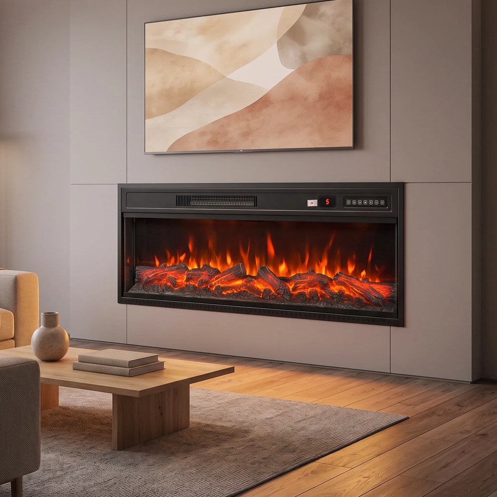 HOMCOM Șemineu Electric de Podea/Încastrabil, 3 Laturi, cu Telecomandă, 750/1500W, Efect Flacără 3D 12 Culori, 5 Niveluri de Luminozitate | Aosom Romania
