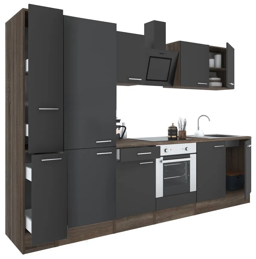 Mobilă de bucătărie Yorki 300, corp stejar Yorki, față antracit satinat cu element cuptor inferior, dulap cu rafturi