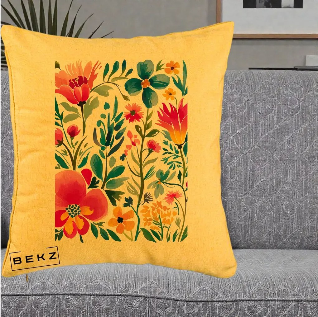 Perna Decorativa Gradina Florala Acuarela Colorata, 40x40 cm, Galben, Husa Detasabila, Perna Inclusa, BEKZ®