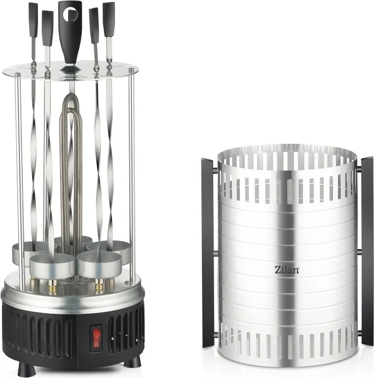 Gratar vertical Zilan ZLN5565 argintiu, putere 900W, rotatie automata, 5 bete pentru frigarui