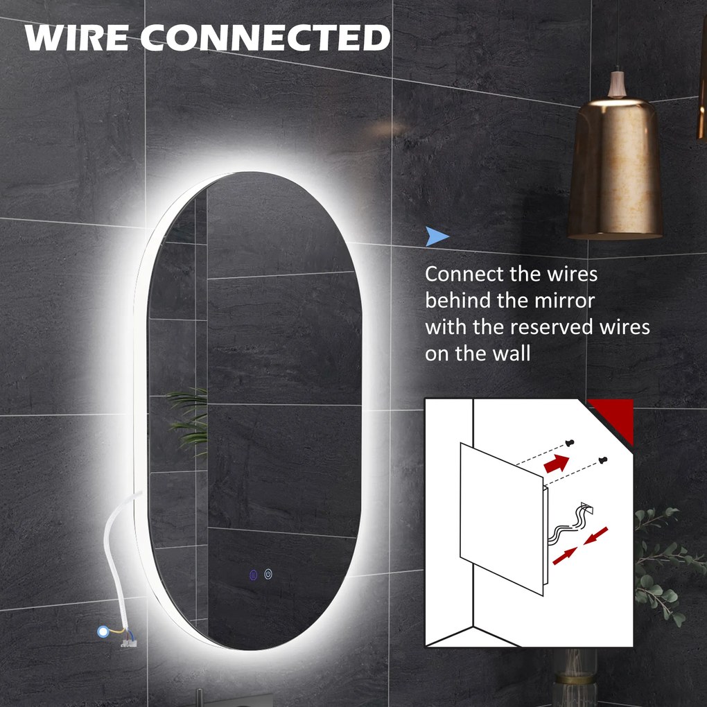kleankin Oglindă de Perete cu Lumină LED în 3 Culori și Funcție Anti-Aburire, 81x51x4.5 cm, Transparent | Aosom Romania