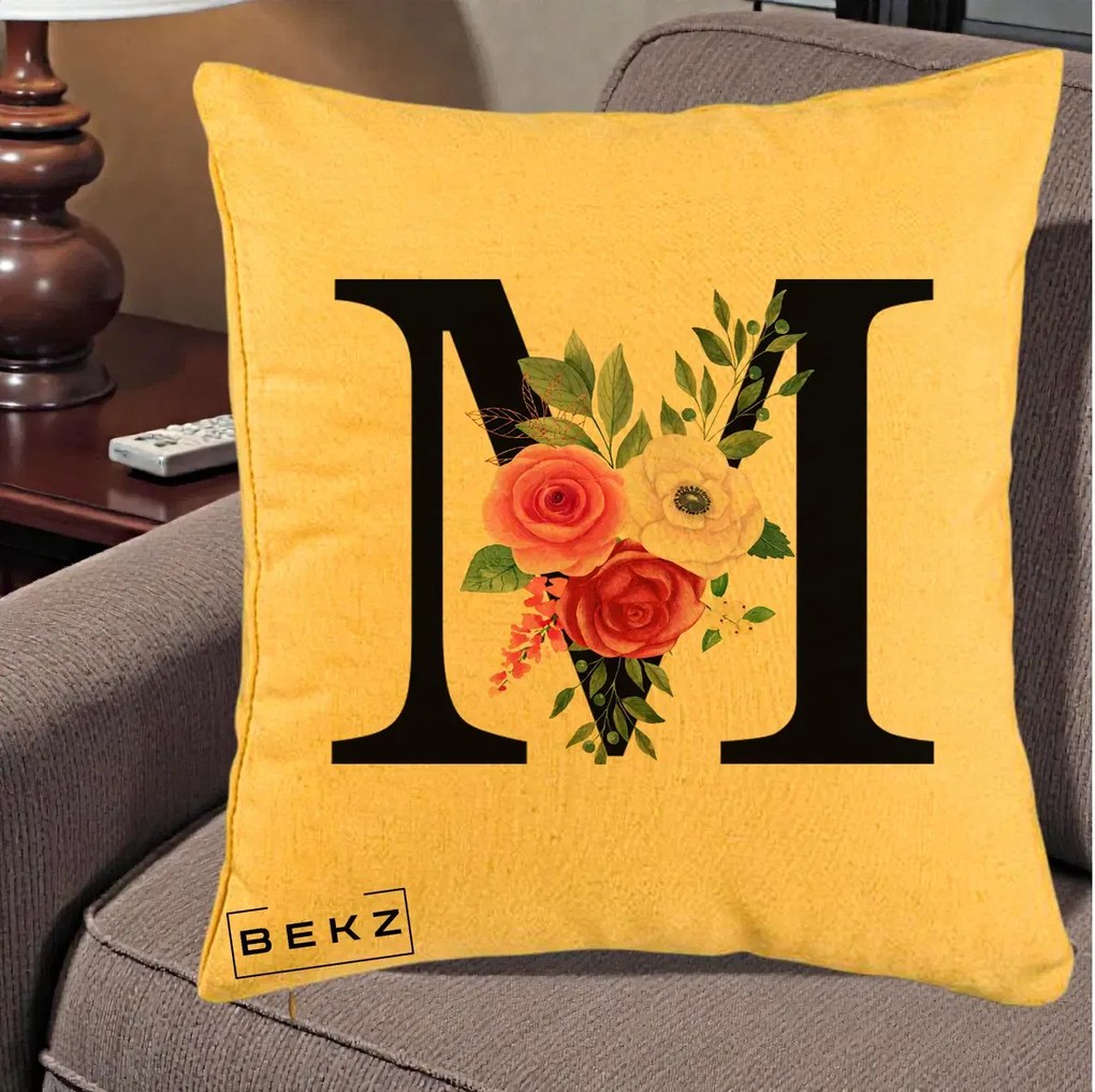Cadou Personalizat - Perna Personalizata Monograma Florala Litera M cu Trandafiri si Anemona, 40x40 cm, Galben, Husa Detasabila, Perna Inclusa, BEKZ®