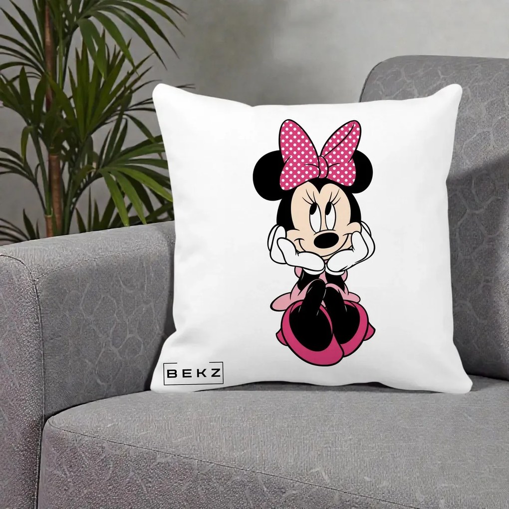 Perna Personalizata Minnie Mouse cu Fundita, 40x40 cm, Alba Mata, Husa Detasabila, Perna Inclusa, BEKZ®