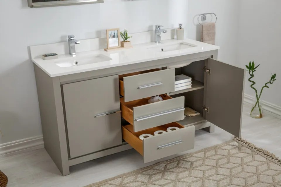 Set Mobilier Baie Superior 60, Include Dulap Baza cu Lavoar Dublu și 2 Oglinzi, 150 cm, Gri