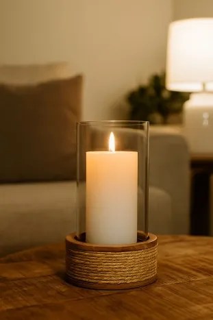 Suport lumânare Cottage decorativ maro din lemn de mango cu structură din frânghie, "Rovena"