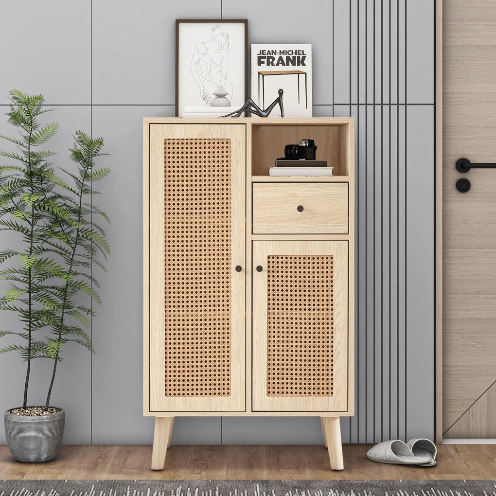 Comodă Modernă în Stil cu 2 Uși din Rattan și 1 Sertar, Spațiu Generos de Depozitare, 60x40x101 cm, pentru Bucătărie sau Living, Culoare naturală