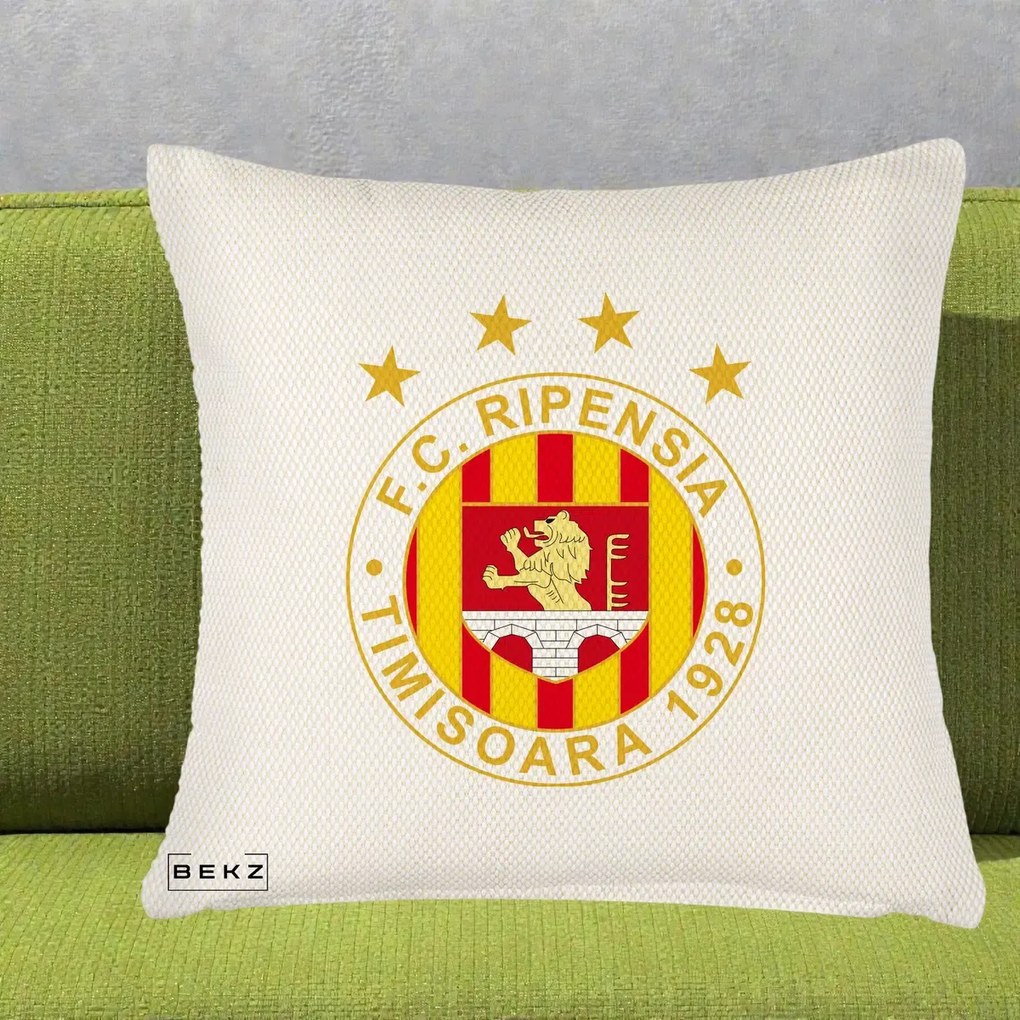 Perna Personalizata FC Ripensia Timisoara 1928, 40x40 cm, Crem Reliefat, Husa Detasabila, Perna Inclusa, BEKZ®