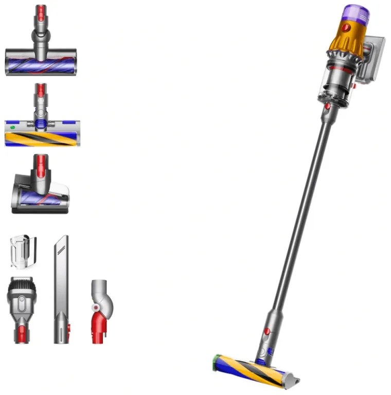 Aspirator vertical Dyson V12 Slim Detect Absolute 448884-01, 150AW, 340 ml, 60 min autonomie, 3 moduri, Afișare date în timp real, Senzor de praf, Iluminat, Nichel/galben