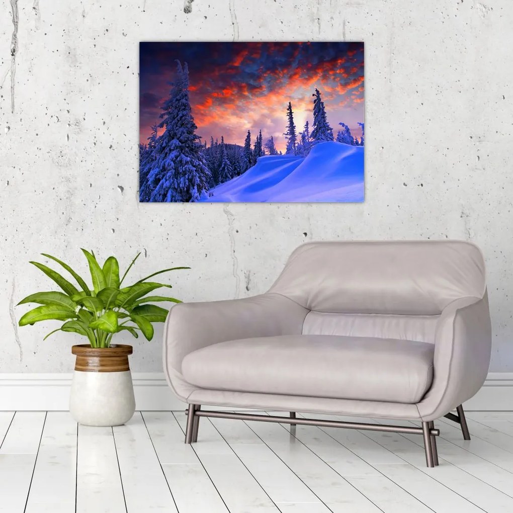 Tablou pe sticlă - Amurg dev iarnă (70x50 cm)