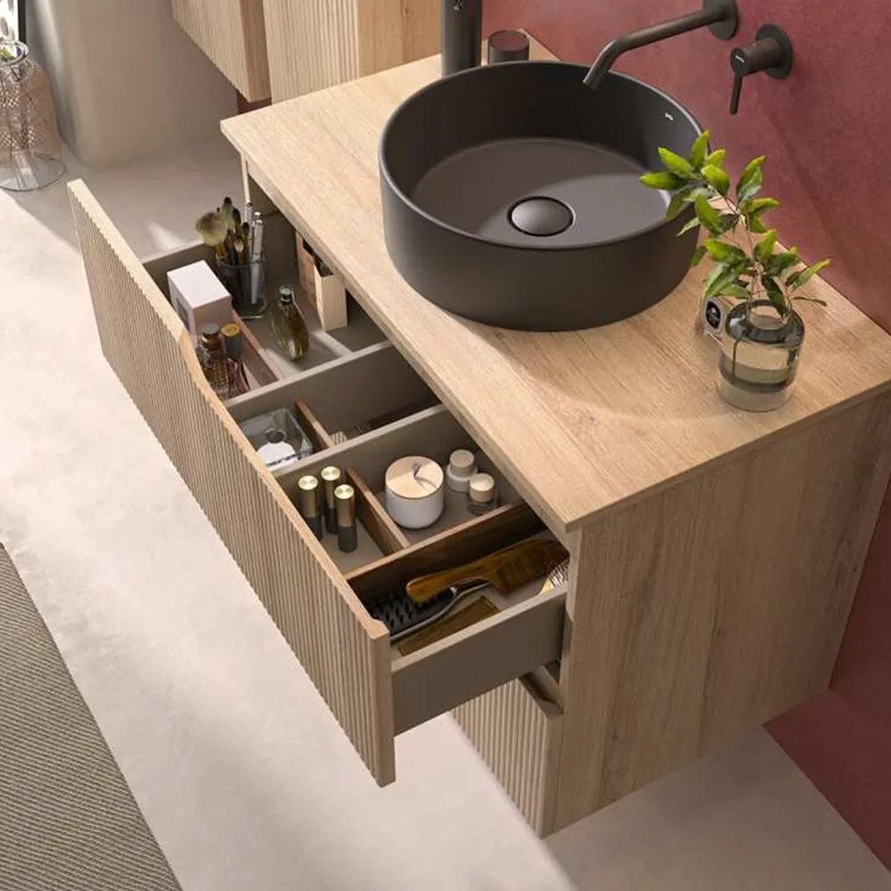 Set dulap baza suspendat Gala Canaletto 2 sertare 60 cm cu blat finisaj lemn bej mat