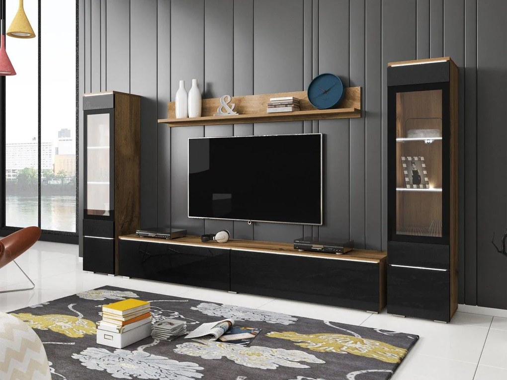 Mobilier living Selwyn II (wotan + Negru lucios ) (iluminat LED Alb). 1054051