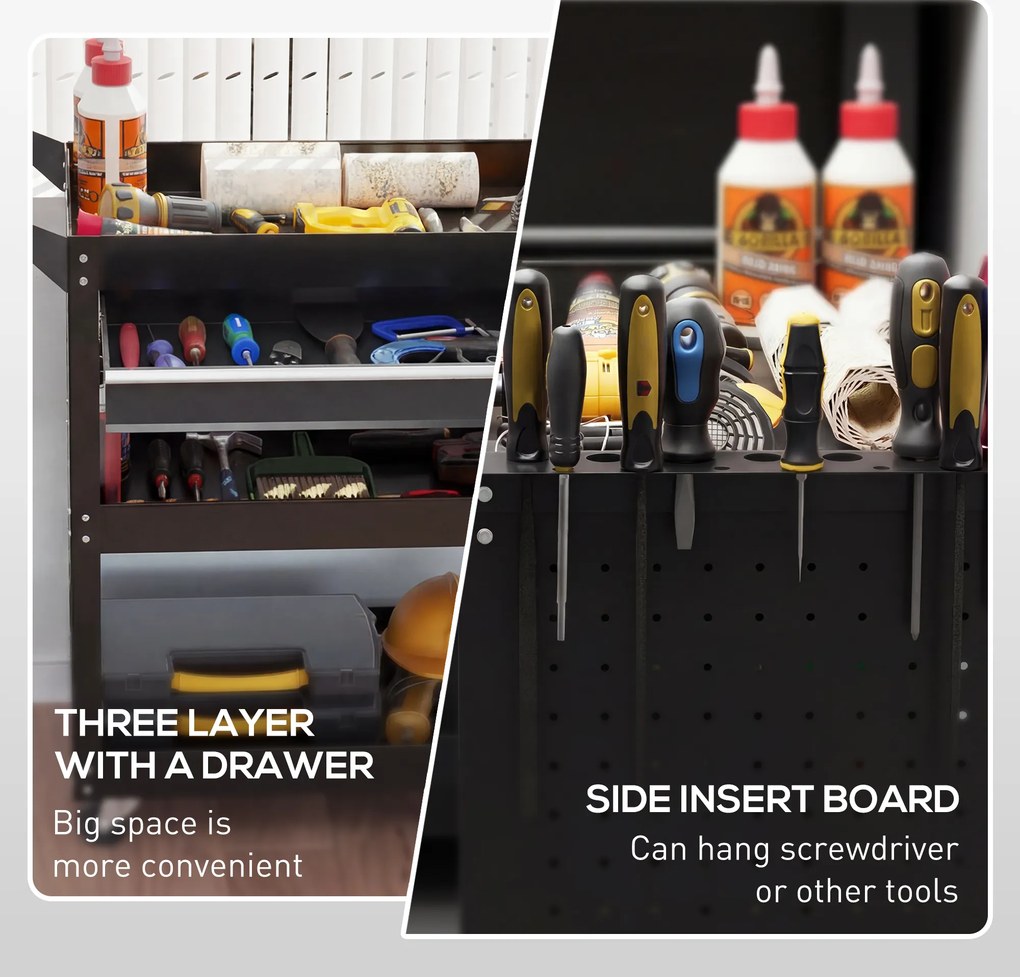 DURHAND Cărucior cu 3 Niveluri din Oțel cu Sertar, Suport Lateral pentru Unelte și Mâner, Negru | Aosom Romania