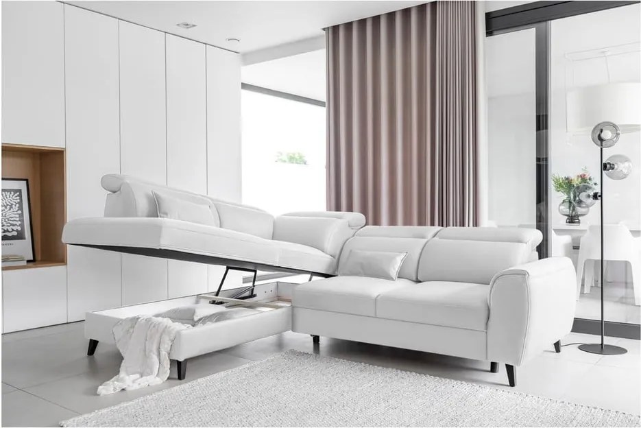 Colțar alb extensibil/cu spațiu de depozitare cu tapițerie din catifea (cu colț pe partea stângă/în formă de ”L”) Noble – ELTAP