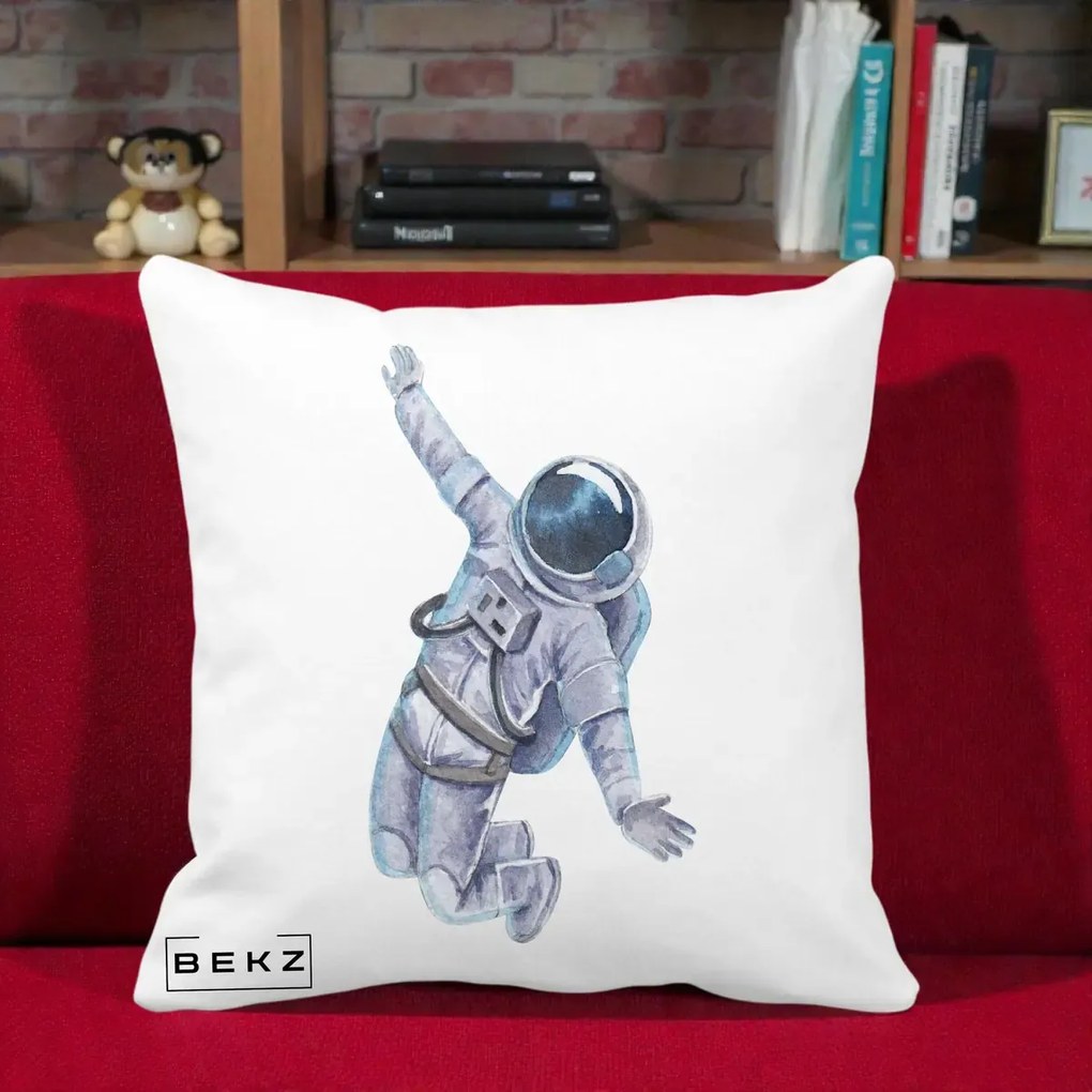 Perna Decorativa Astronaut Acuarela Zbor, 40x40 cm, Alba Mata, Husa Detasabila, Perna Inclusa, BEKZ®