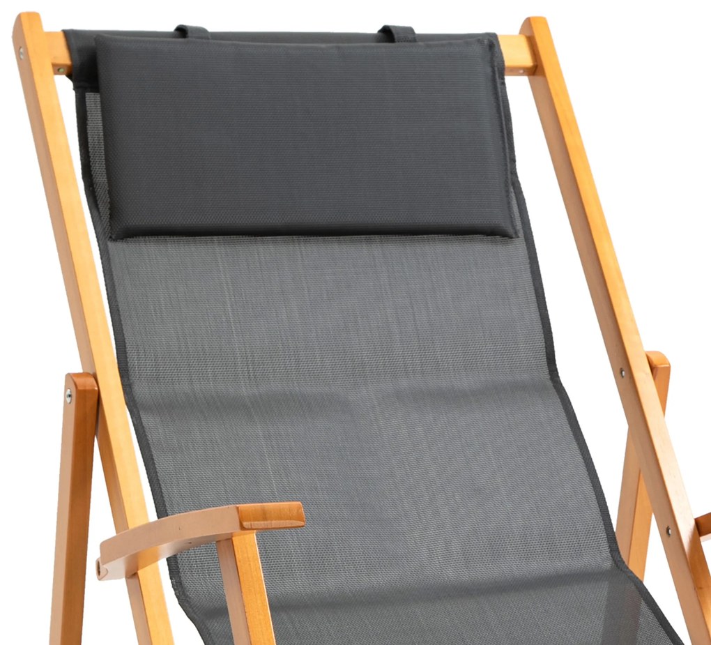 Outsunny Set de 2 Sezlonguri de Gradina Pliabile cu Spatar Reglabil pe 3 Niveluri, Sezlong pentru Plaja din Lemn si Tesatura Plasa, Gri