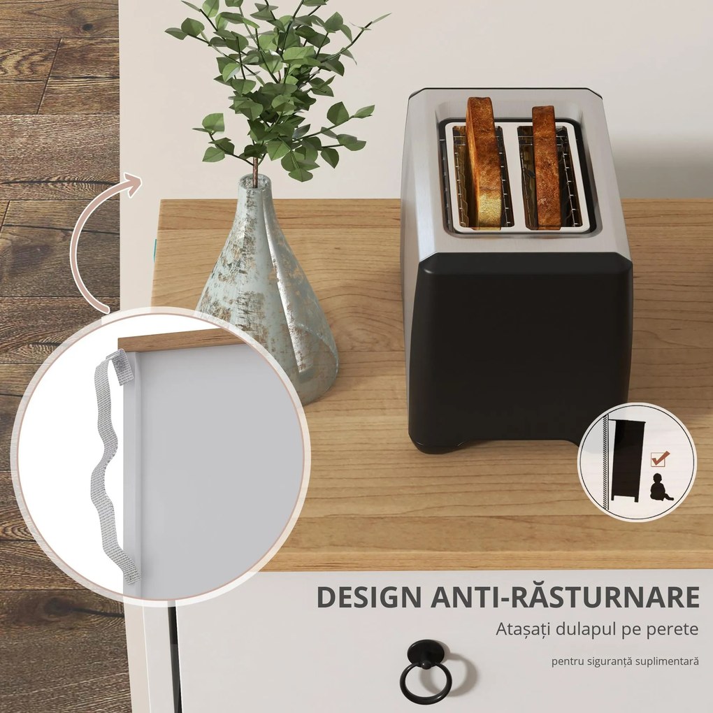 HOMCOM Bufet mobilier de depozitare dulap de bucătărie stil rustic 2 sertare și 2 dulapuri rafturi la înălțimi reglabile alb | Aosom Romania