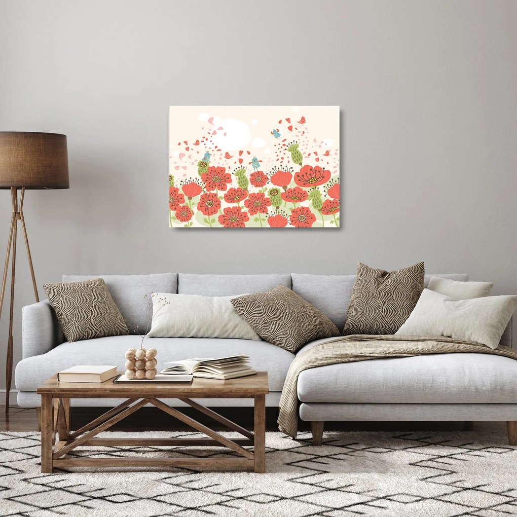 Tablou pe sticlă - Păsări pe o pajiște înflorită (70x50 cm)