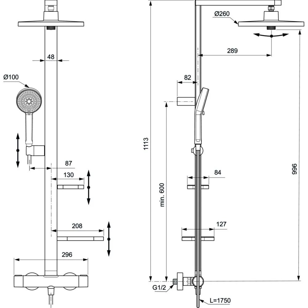 Coloana de dus cu baterie termostatata Ideal Standard Alu+ argintiu mat Argintiu mat