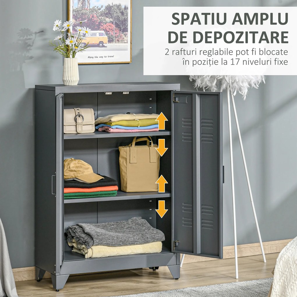 Dulapior Multifunctional cu 2 Usi Stil Industrial, Dulapior Metalic pentru Casa si Garaj - Gri, 75x33x110cm HOMCOM | Aosom RO