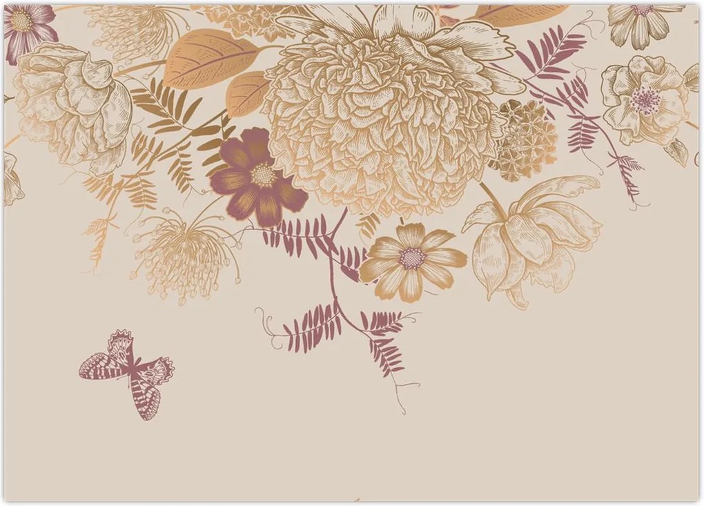 Tablou - Vintage, flori și fluturi (70x50 cm)