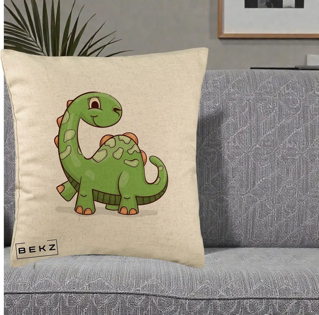 Perna Decorativa Brontosaur Verde Simpatic, 40x40 cm, Bej, Husa Detasabila, Perna Inclusa, BEKZ®