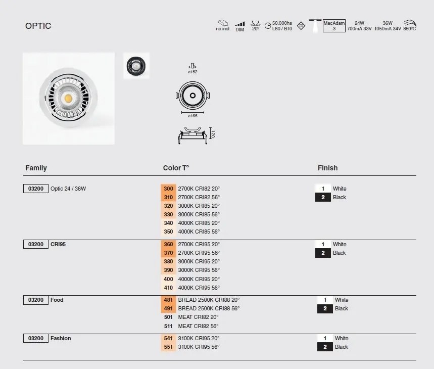 Spot LED incastrabil OPTIC Black downlight LED CRI95 24/36W 2700K 56° 2470/3490 lm
