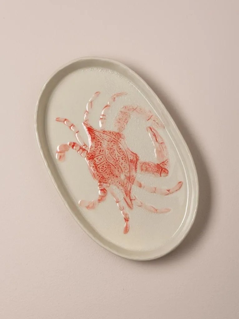 Platou oval din ceramică cu crab roșu, 29×18 cm