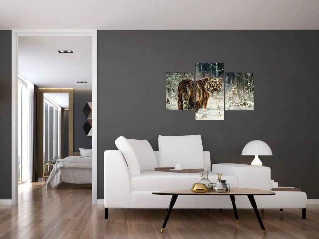 Tablou - Tigru într-o pădure înzăpezită, pictură în ulei (90x60 cm)