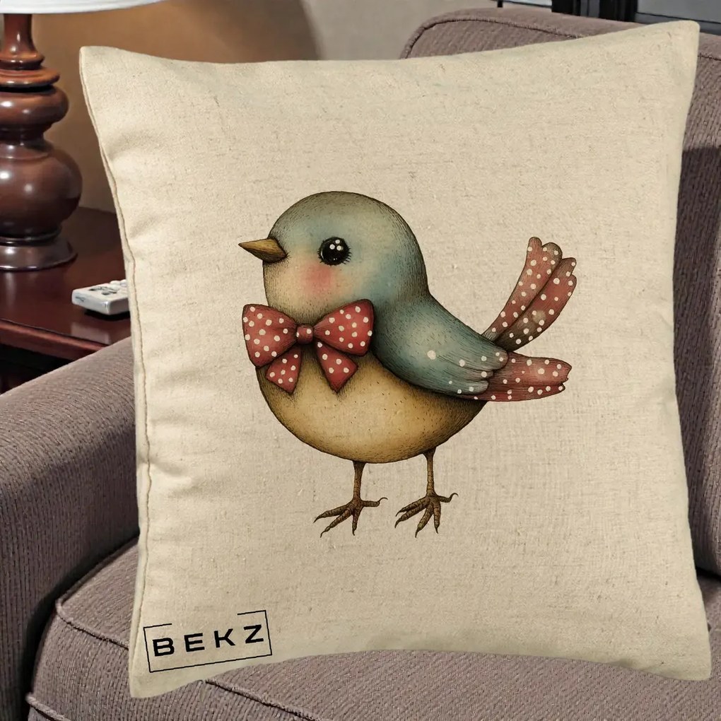 Perna Decorativa Pasare Bleu cu Fundita Rosie, 40x40 cm, Bej, Husa Detasabila, Perna Inclusa, BEKZ®