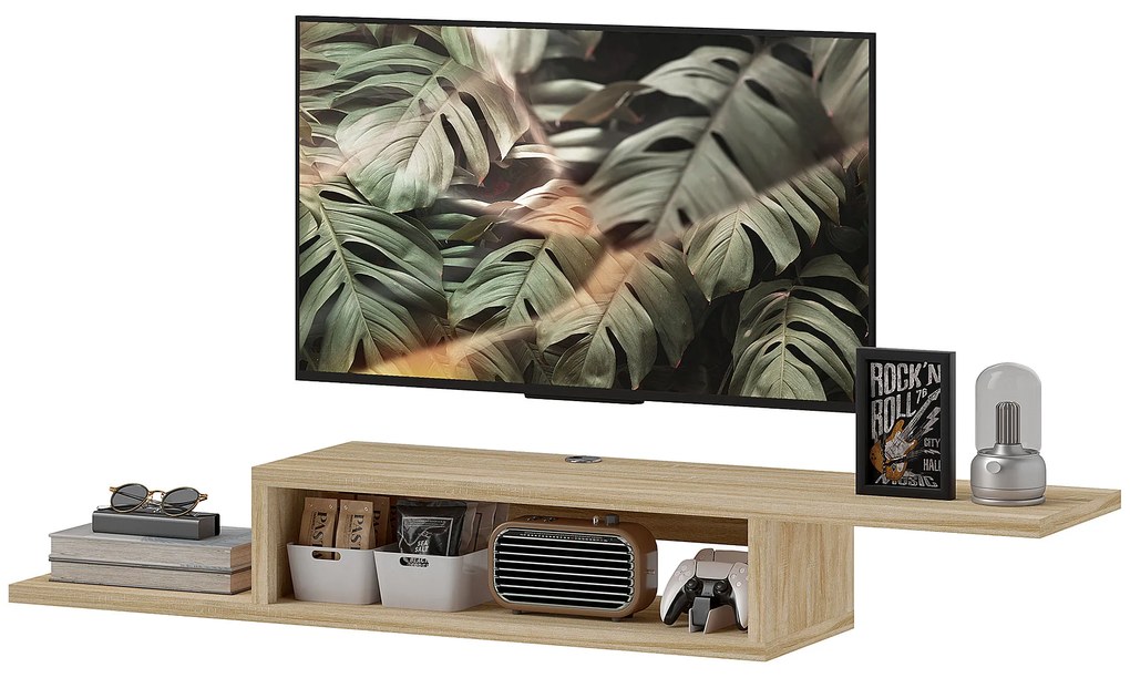 HOMCOM Suport TV mural flotant suspendat - raft perete flotant - nisa, treceri cabluri - stejar deschis | Aosom Romania