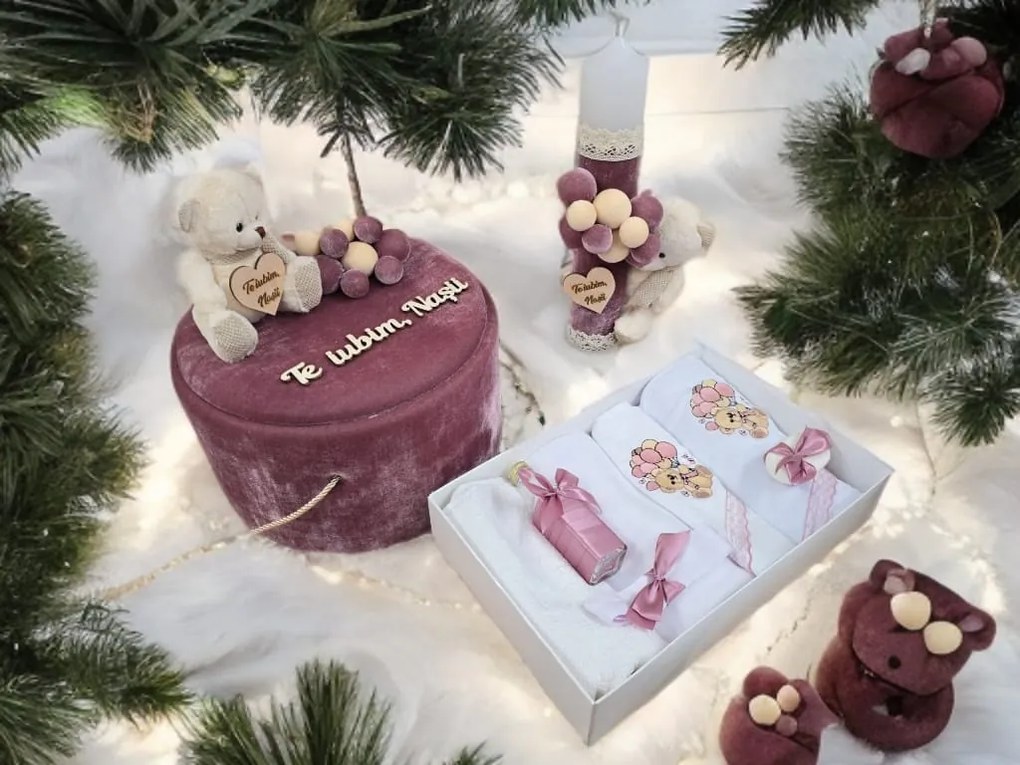 Set Botez Personalizat Trusou 8 piese in cutie rotunda catifelata + Lumanare - "Cu drag de la nasi" - Ursulet, Roz - SPB-89