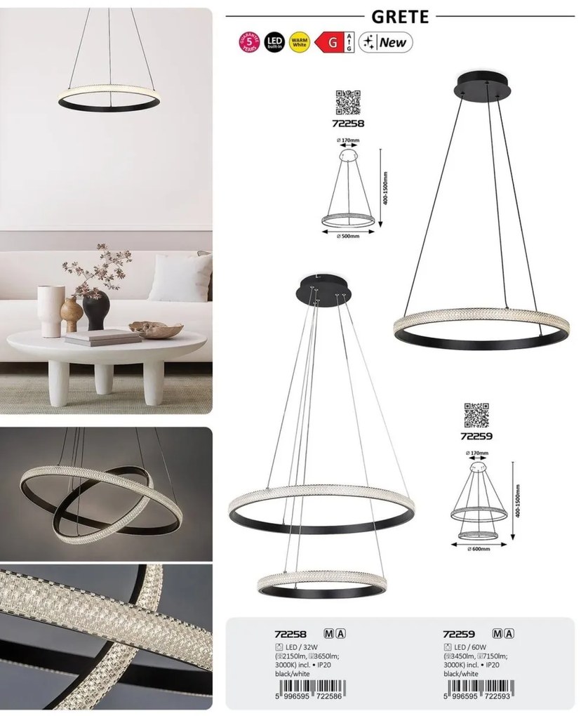Lustra suspendata cu 2 inele LED Grete 60cm