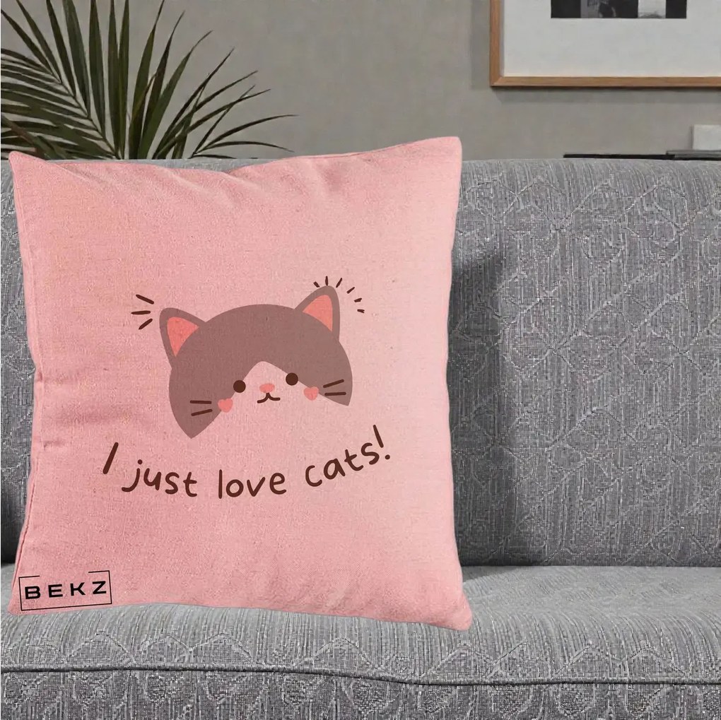 Perna Personalizata I Just Love Cats Pisica Kawaii, 40x40 cm, Roz, Husa Detasabila, Perna Inclusa, BEKZ®