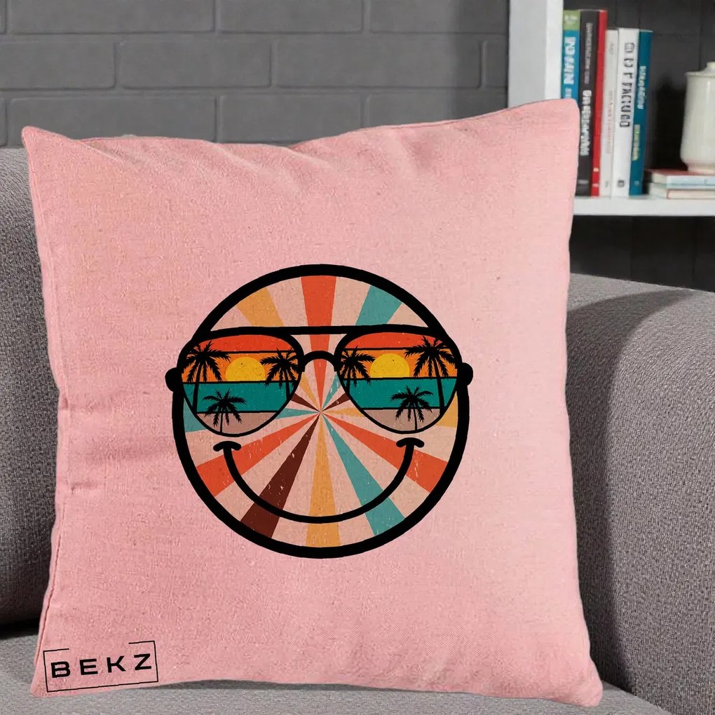 Perna Decorativa Smiley Face Retro Sunset Palmieri, 40x40 cm, Roz, Husa Detasabila, Perna Inclusa, BEKZ®
