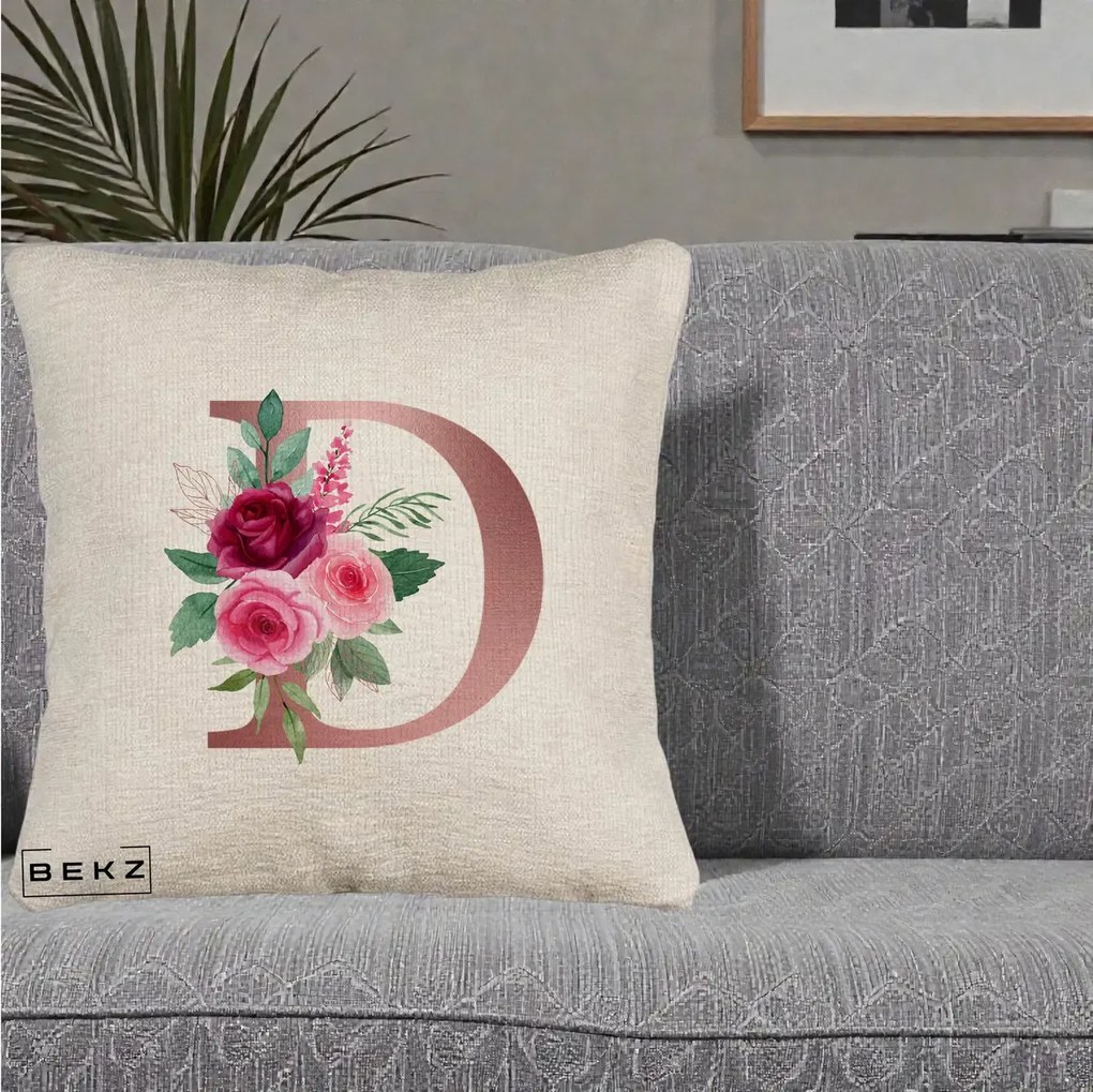 Cadou Personalizat - Perna Personalizata Monograma Rose Gold Litera D, 40x40 cm, Bej Canapea, Husa Detasabila, Perna Inclusa, BEKZ®