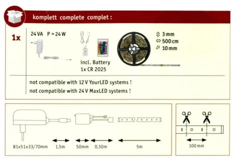 Bandă dimabilă LED RGB/20W Paulmann 78978 SIMPLED 5m 230V + telecomandă