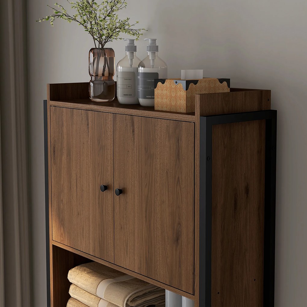 kleankin Mobilă etajeră deasupra WC-ului cu dulap pentru baie 2 uși și nișă 68 x 25,5 x 172,5 cm maro negru | Aosom Romania