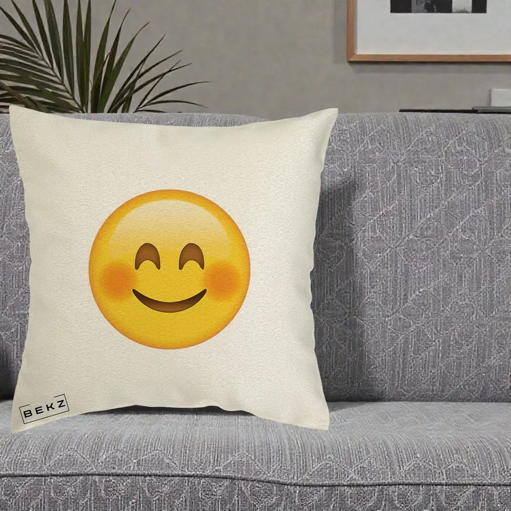 Perna Decorativa Emoji Fericit Roscat, 40x40 cm, Ecru, Husa Detasabila, Perna Inclusa, BEKZ®