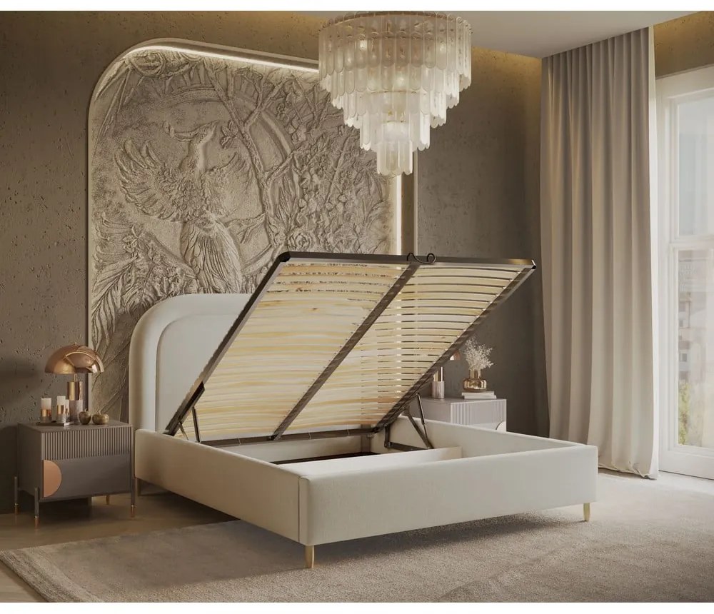 Pat matrimonial crem tapițat cu spațiu de depozitare cu somieră 160x200 cm Mija – Maison de Rêve