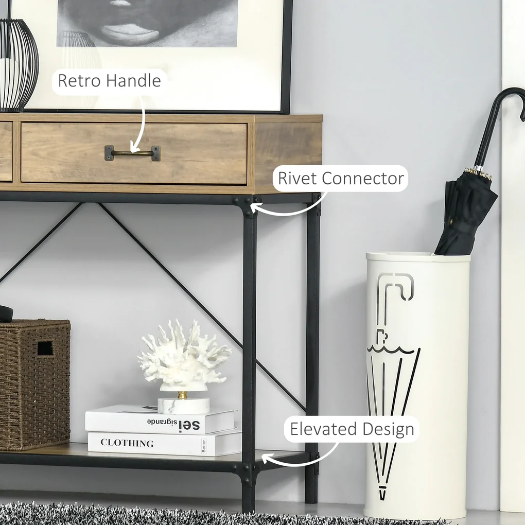 Masă Consolă Vintage HOMCOM din Metal și Lemn, Design Elegant cu 2 Sertare și Raft, Maro, pentru Living, Sufragerie | Aosom Romania