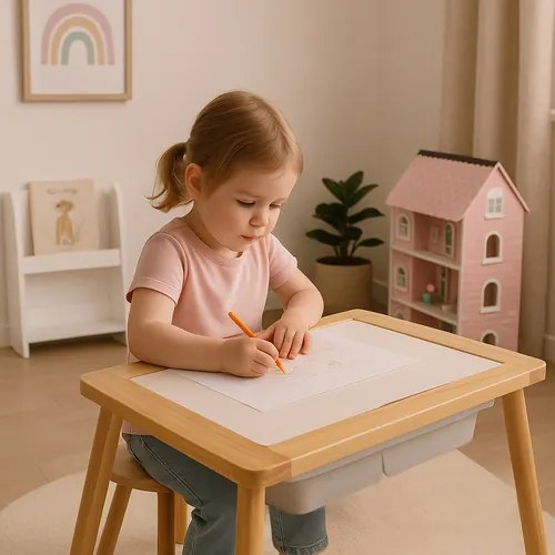 Masă multifuncțională educațională din lemn pentru copii + scaun