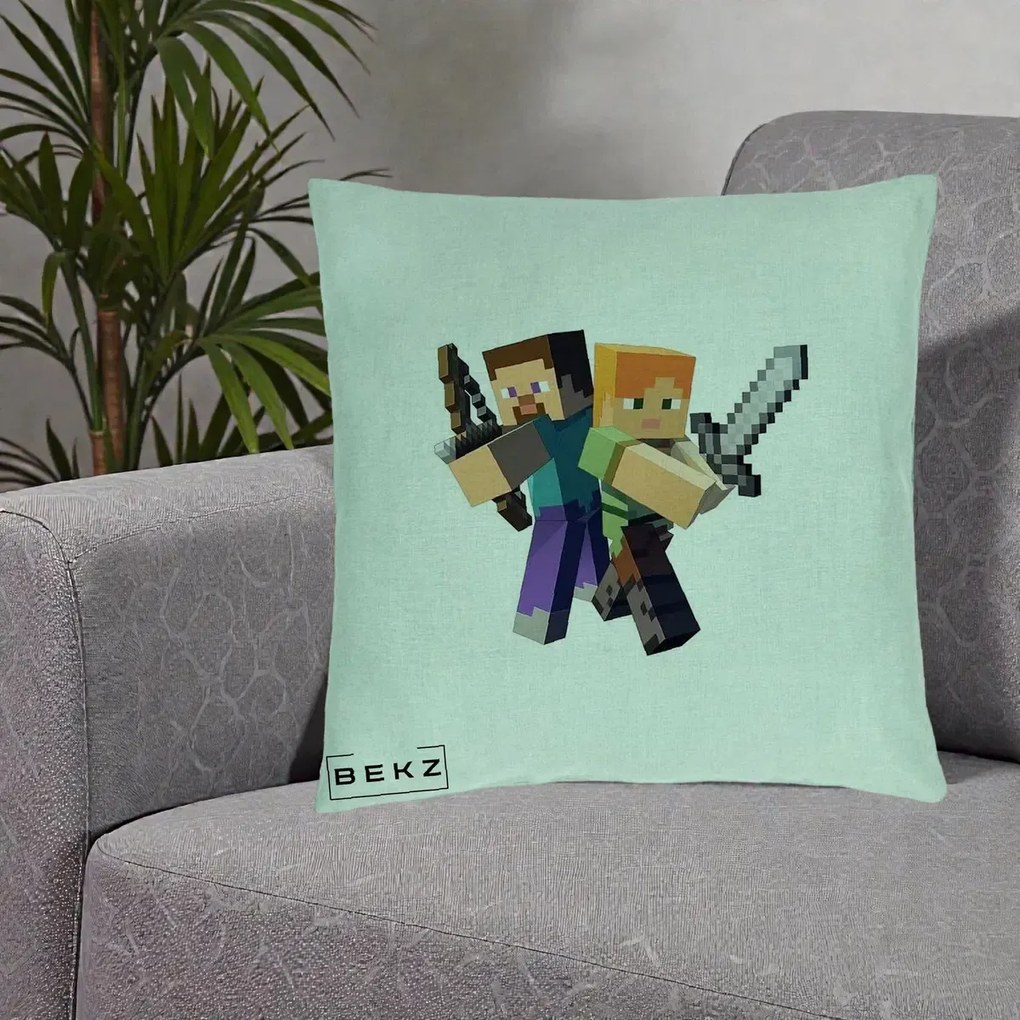Perna Personalizata Minecraft Steve si Alex, 40x40 cm, Verde Menta, Husa Detasabila, Perna Inclusa, BEKZ®