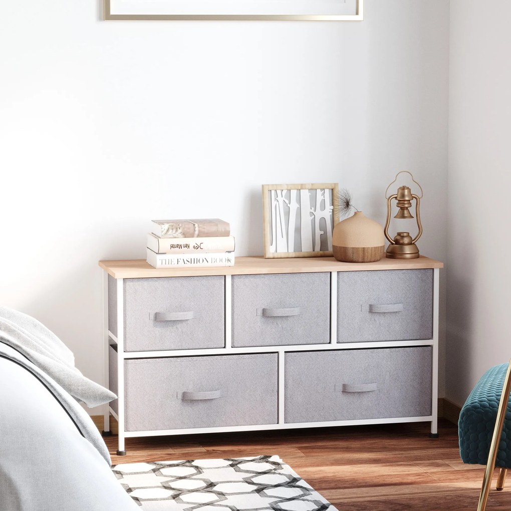 HOMCOM Comodă mobilier de depozitare 100 x 30 x 54 cm 5 sertare netesut gri structură oțel alb lemn deschis | Aosom Romania