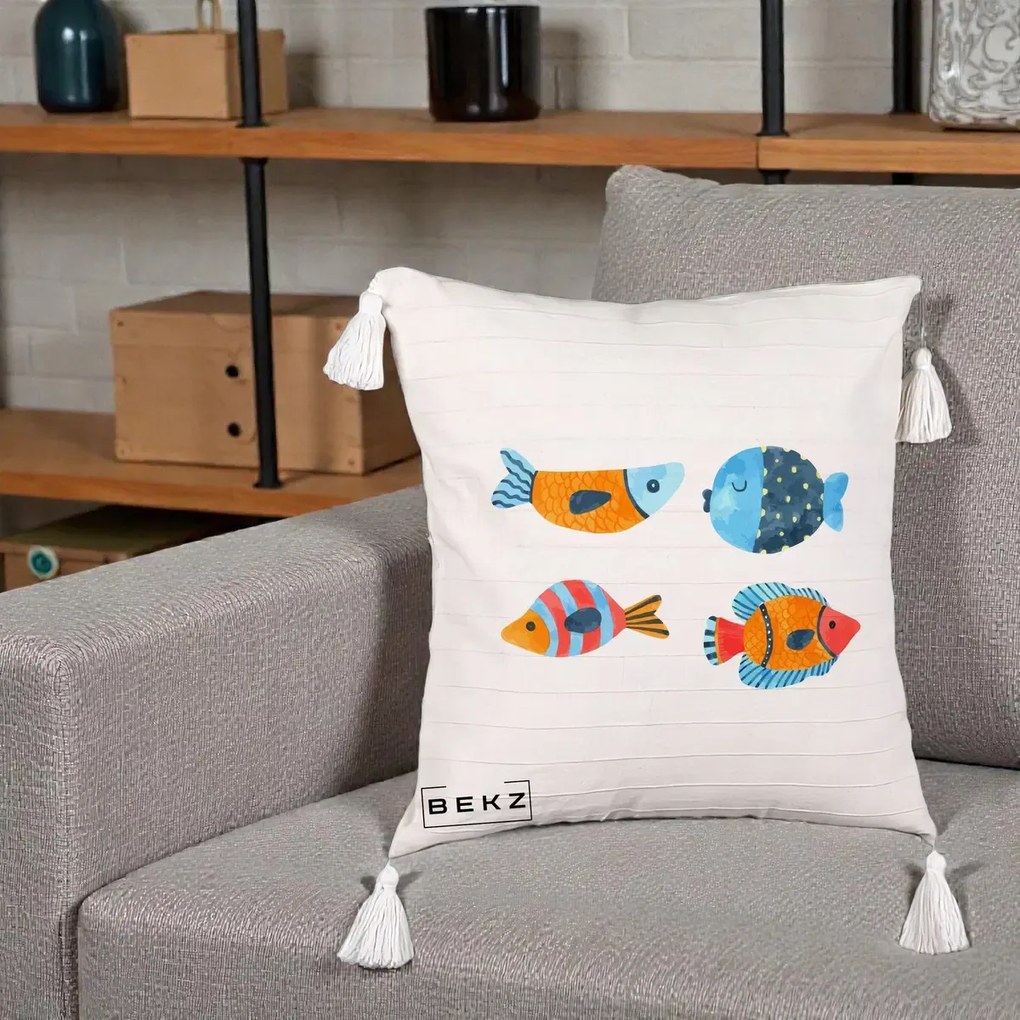 Perna Decorativa Pesti Acuarela, 40x40 cm, Bej cu Franjuri, Husa Detasabila, Perna Inclusa, BEKZ®