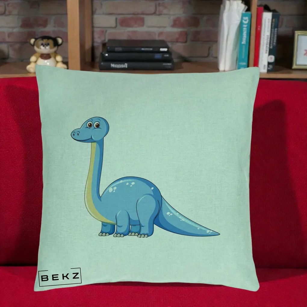 Perna Personalizata Brontosaur Albastru, 40x40 cm, Verde Menta, Husa Detasabila, Perna Inclusa, BEKZ®