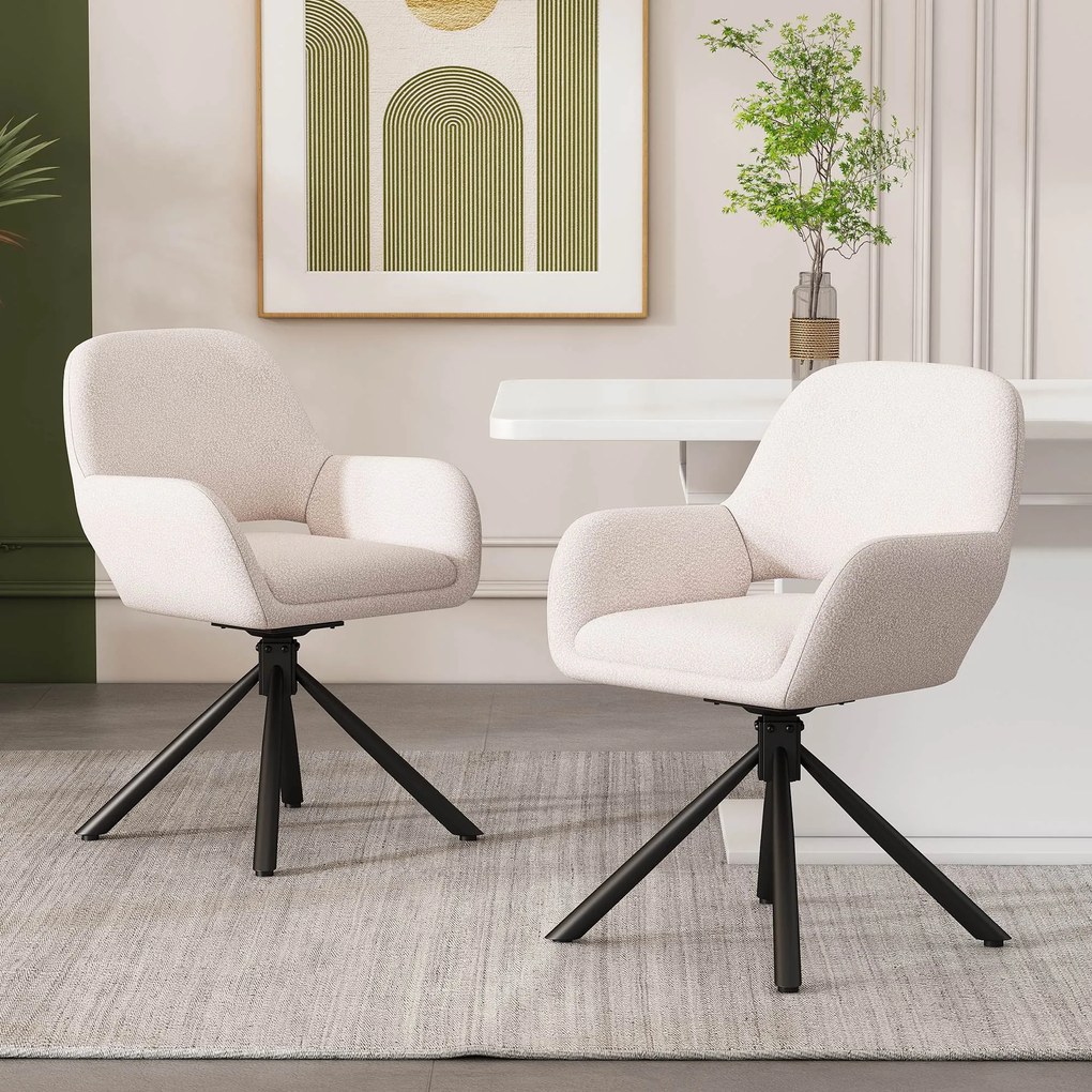 Set de 2 scaune de dining moderne, tapițate în sherpa, cu cotiere și funcție rotativă, Alb