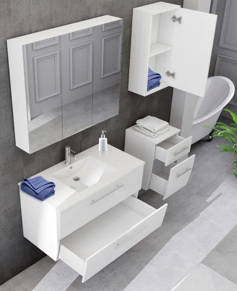 Set 4 piese mobilier pentru baie, alb, 90 cm