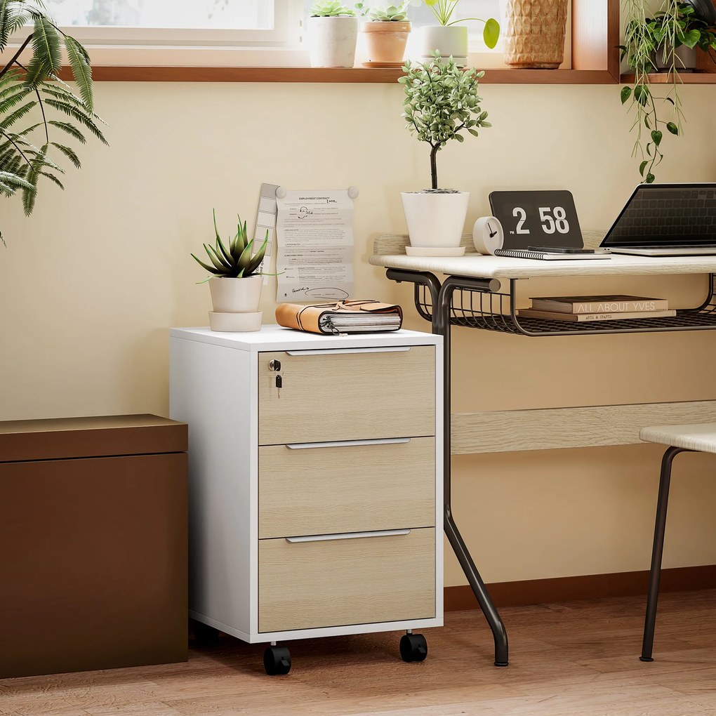 HOMCOM Căsuț de birou pe roți cu 3 sertare și lacăt, mobilier depozitare birou pe roți, 40 x 40 x 63,5 cm, stejar | Aosom Romania