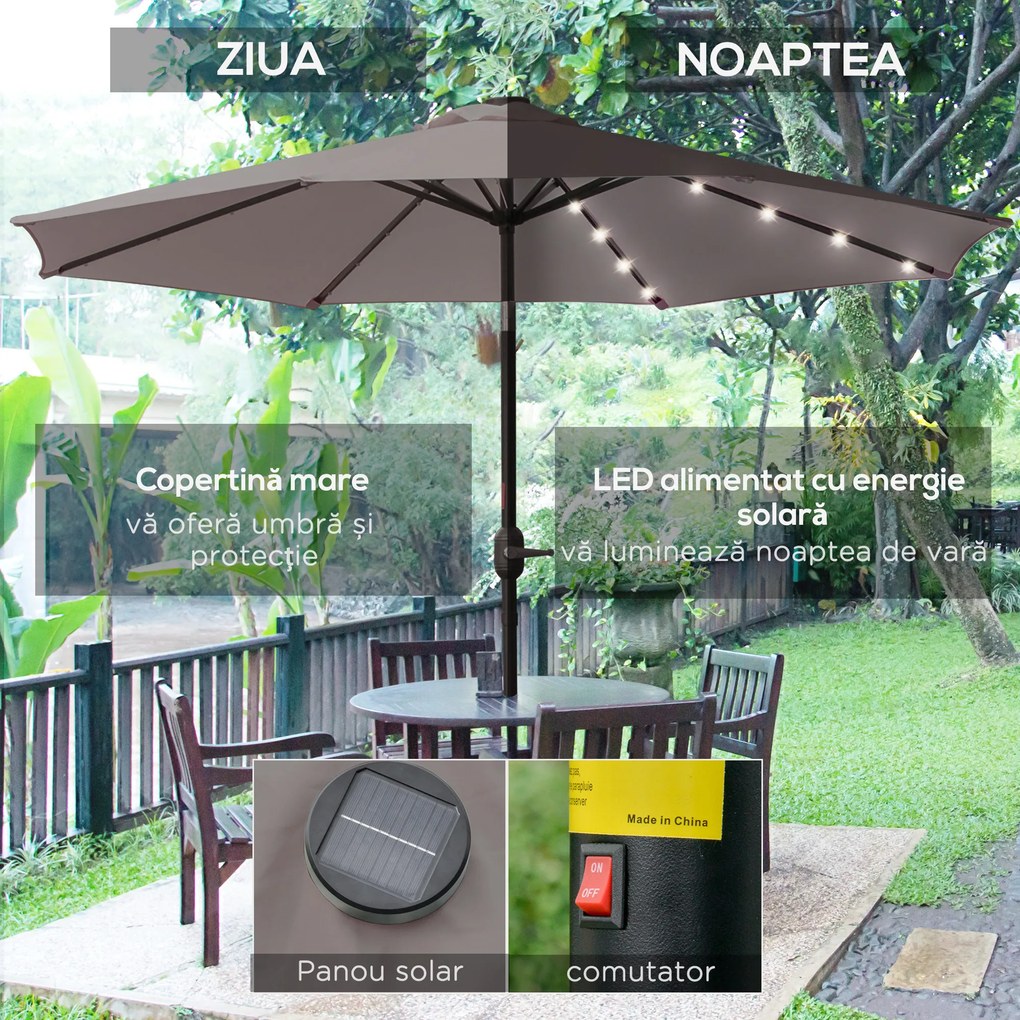 Outsunny Umbrelă de Grădină Inclinabilă Ø265 cm cu 32 Lumini LED Solare și Manivelă, Umbrelă de Exterior cu 8 Spițe, din Oțel și Poliester, pentru Patio, Curte, Balcon, Terasă, Gri | Aosom Romania