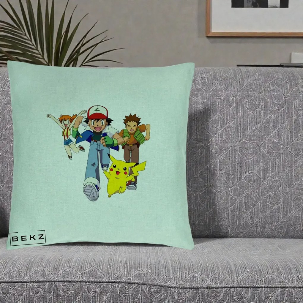 Perna Personalizata Pokemon Ash Misty Brock si Pikachu, 40x40 cm, Verde Menta, Husa Detasabila, Perna Inclusa, BEKZ®